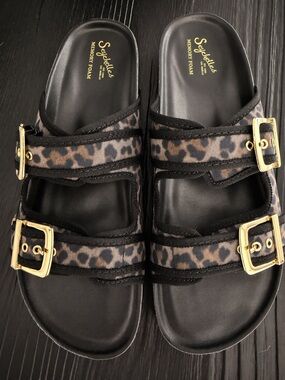 Seychelles Leopard Slide Sandals with Gold Buckles W9.5